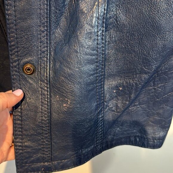 Vintage blue leather jacket snap closure shirt style fitted size S/M by Marquis - Picture 10 of 12
